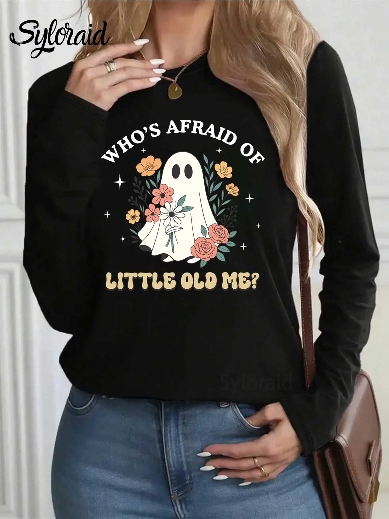 تي شيرت نسائي طويل الأكمام من يخف من عجوز الصغير للهالوين مطبوع عليه زهور شبح تي شيرت عصري برقبة دائرية كاجوال #2