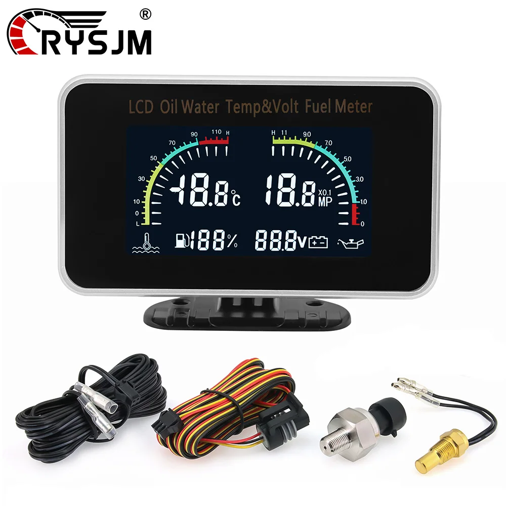 

4 в 1 ЖК-дисплей автомобильного датчика температуры воды + напряжение + давление масла + измеритель уровня топлива для автомобилей 12 В с датчиком автомобильных аксессуаров