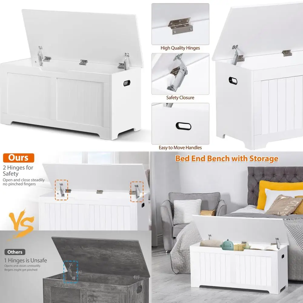 منظم مقاعد تخزين الأحذية الخشبية، صندوق صدر للمدخل مقاس 39 بوصة مع مفصلات أمان، مقعد تخزين منظم للأحذية البيضاء #1