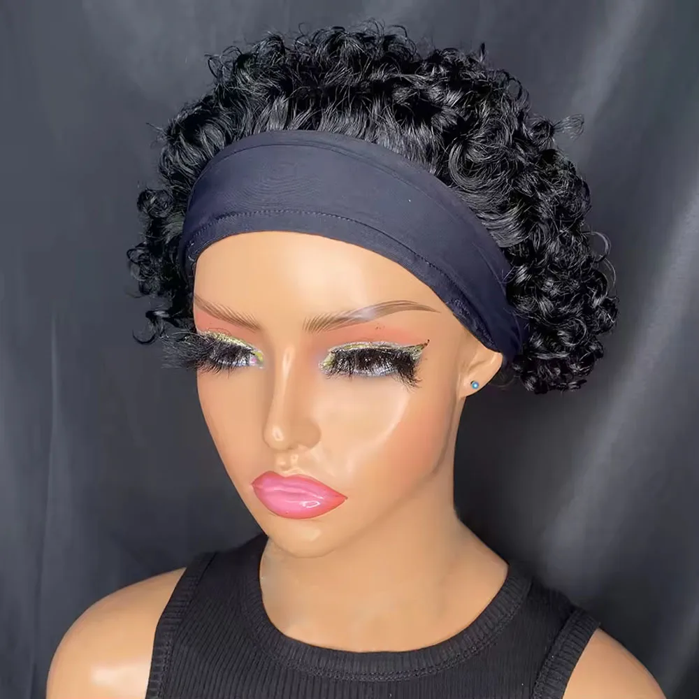 Headband Wig Human Hair Curly Hair Wig Short Hair Wigs for Women Pixie Cut machine made Human Hair Wig Black Wig African Style