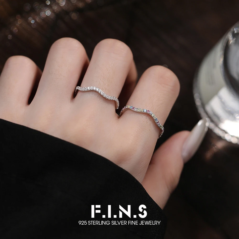 F.I.N.S S925 Sterling Silver Wavy Line Ring Luxurious White Colorful Zircon Open Finger Minimalist Fine Jewelry Accessories