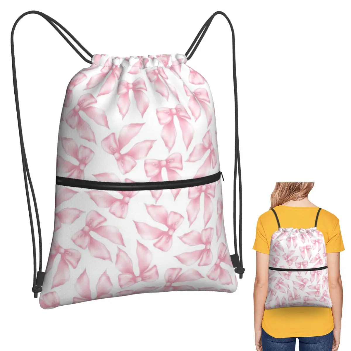 Sacs à dos Cochuette Pink Bow Bliss-pattern, sacs de sport décontractés à cordon de serrage, sacs à livres pour étudiants en voyage