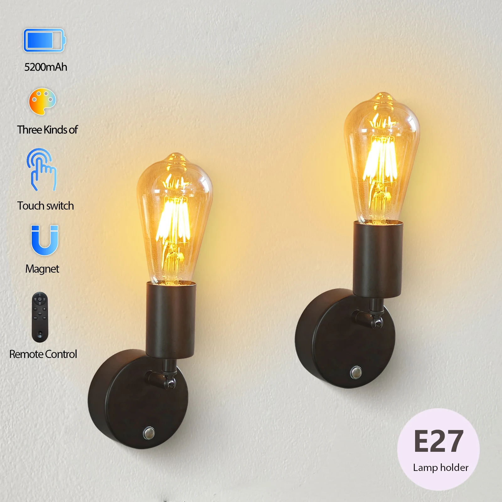 Industrial Vintage Rechargeable Wall Lamp with Remote Control Touch Dimmable Battery Operated E27 Wall Light Black for Bedroom