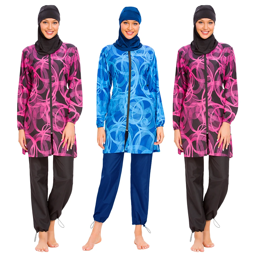 

3 Pieces Muslim Women Printed Zipper Swimwear Full Cover Hijab Islamic Modest Beachwear Long Sleeve Bathing Arabic Swimming Sets