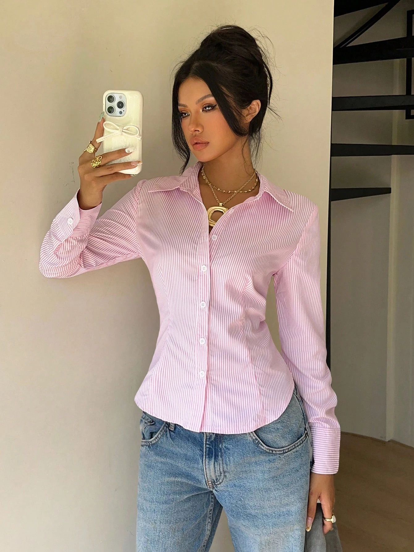 

Autumn European and American Style Striped Waist-Cinching Long Sleeve Shirt with Tie Closure for Women