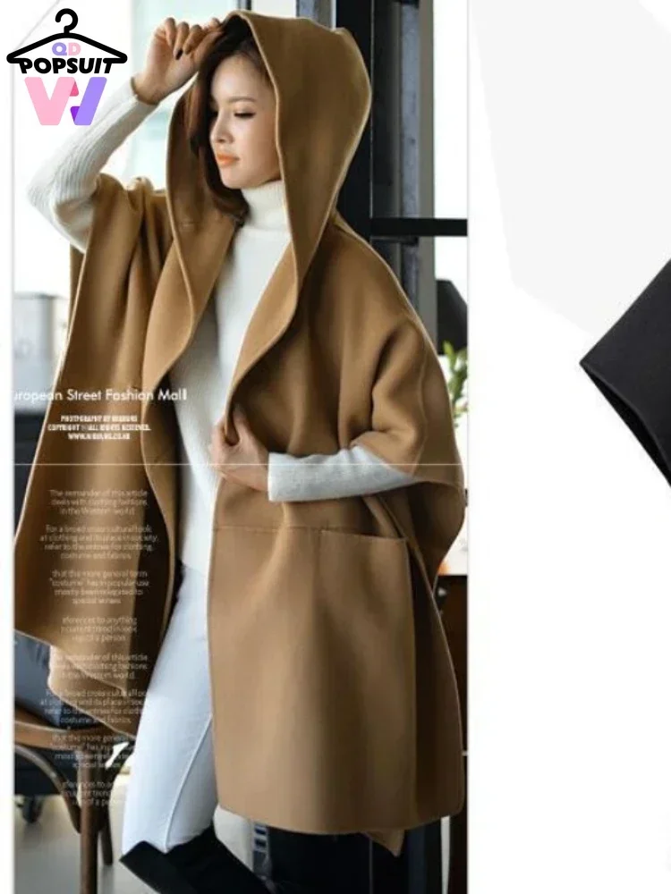 New in Cape Loose Cardigan Outwear Cloak Coats Korean Casual Solid Hooded Wool-like Jackets Pockets Street Wearing Women Wraps