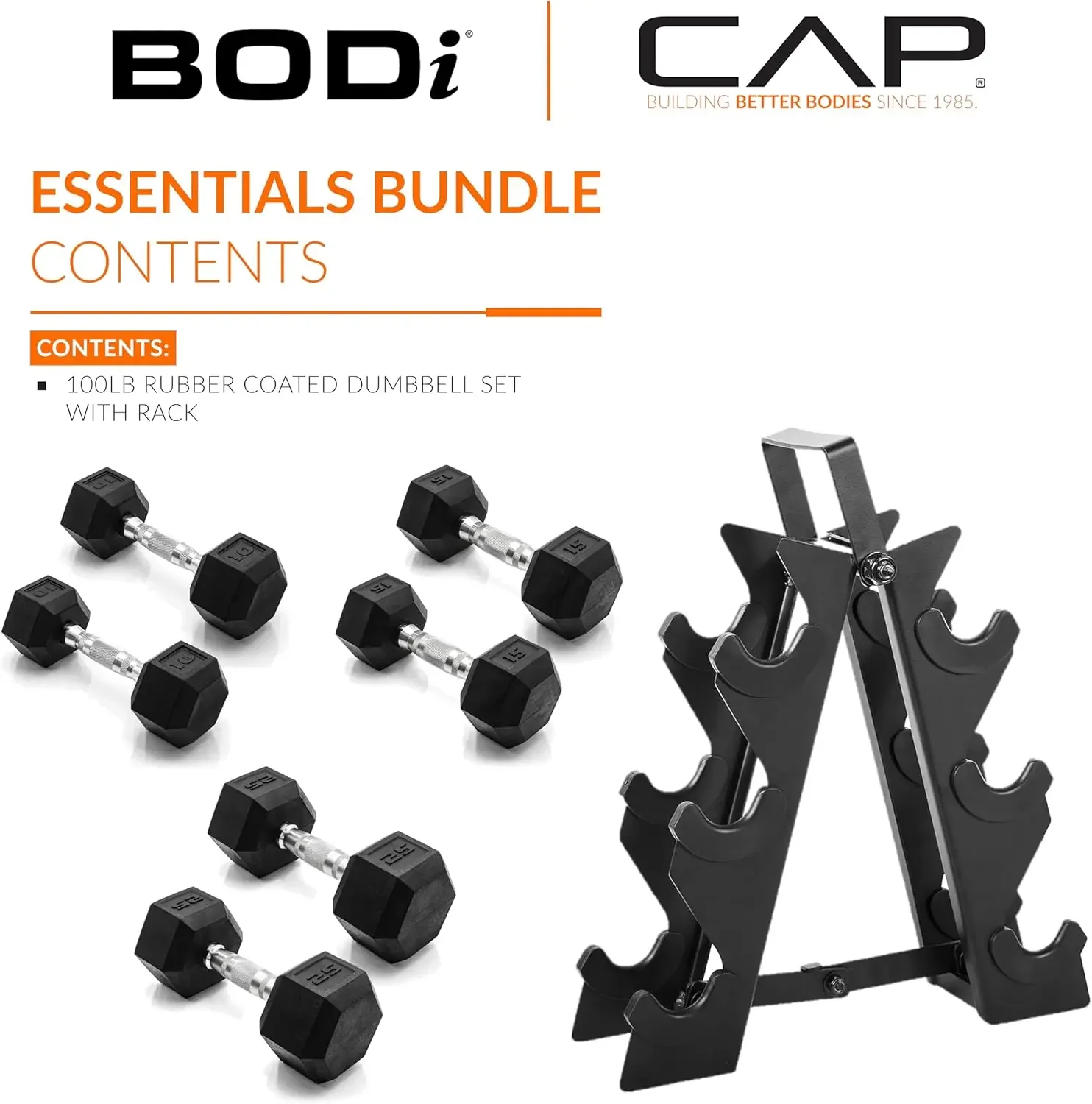 

BODi Essentials Bundle - 100lb Coated Hex Dumbbell Weight Set with Vertical Rack