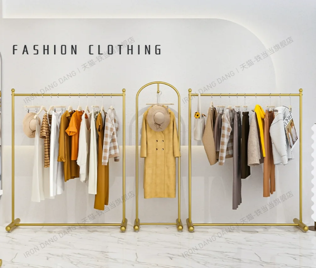 Clothing store hangers, wrought iron gold floor standing clothes display racks, women's clothing store shelves display racks
