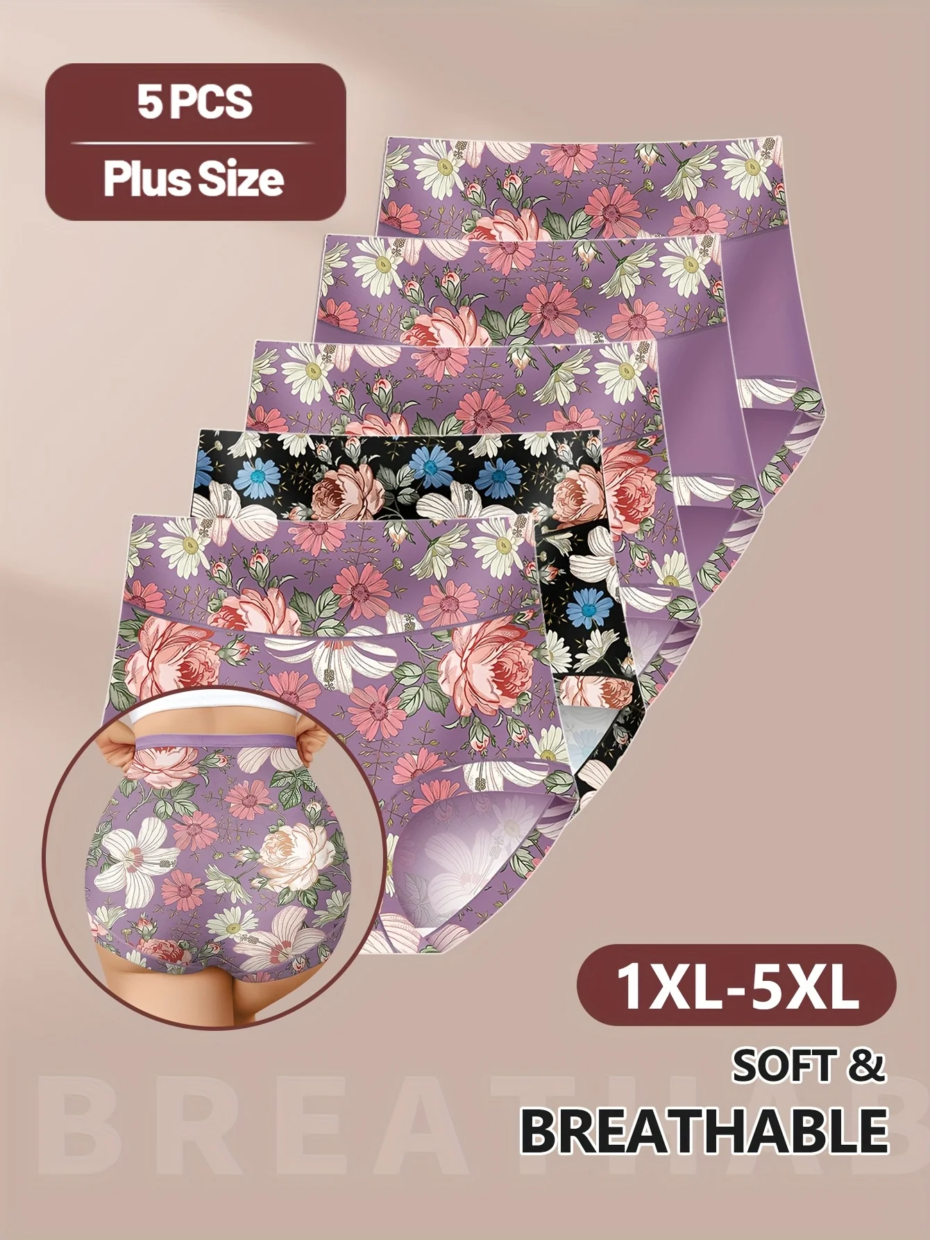 Balení 5 kusů dámského spodního prádla s vysokým pasem pro plnoštíhlé ženy, které reguluje a zvedá bříško, je pohodlné a má tištěný design. - náhled 4