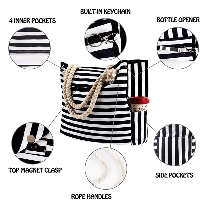 Handbag Black and White Striped Large Capacity Beach Bags Tote Crossbody Fashion Printed Women\'s Canvas Shoulder