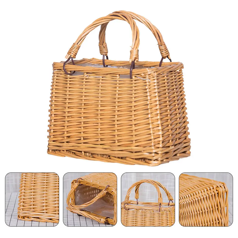 

1Pcs Rattan Woven Flower Basket Khaki Decorative Storage Container Multifunctional Handcrafted Gift Fruit Vegetable Packing