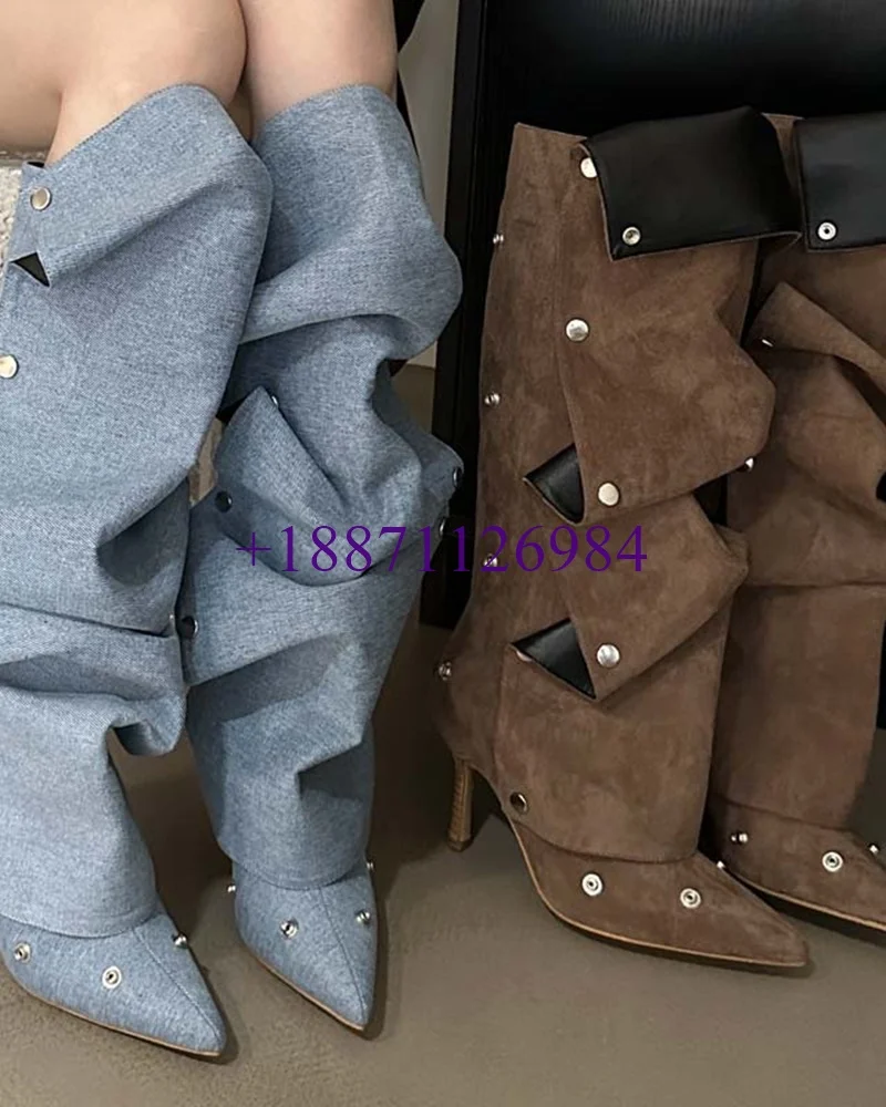 Fashion Style Women Knee-High Boots With Rivet Pointed Toe Stiletto Super High Heel Buckle Splicing Cowboy Pleated Stacked Shoes