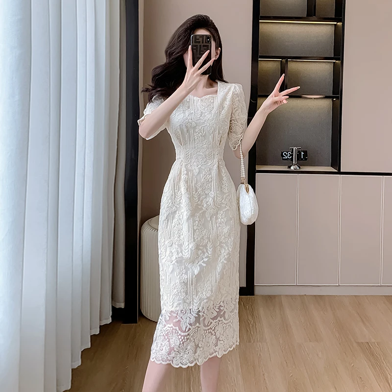Ele Mid-Length ort-Sve Embroidered Lace Dr Waist-Cinching Girl's Dr Commute Sle Polyester Fiber Summer Dr
