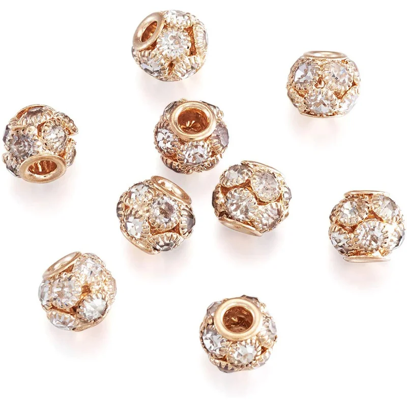 20Pcs 15mm Round Loose Big Hole Gold Plated Disco Ball European Spacer Beads for DIY Jewelry Charm Bracelet Making Hair Beads