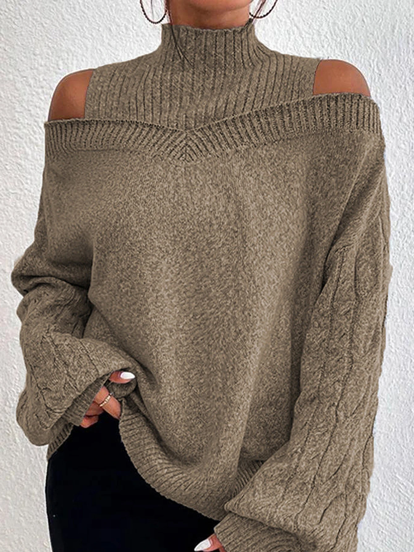 

Women's Long Sleeve Turtleneck Sweater Casual Plain Off-Shoulder Basic Style Sweater for Autumn Winter