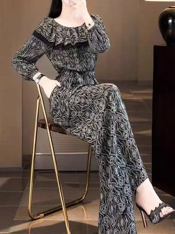 

Модный комбинезон с высокой талией и широкими штанинами, винтажный цветочный принт, расклешенные брюки из полиэстера, длинные брюки-костюм.