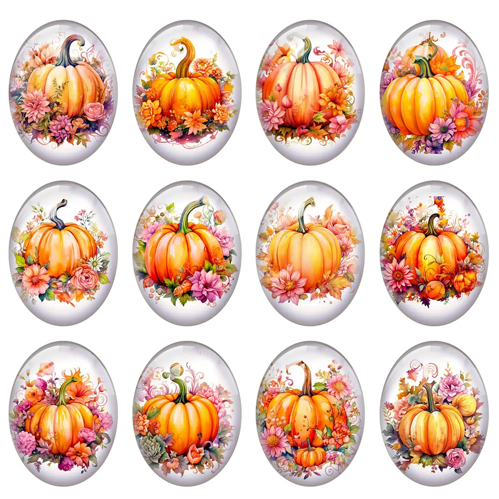 10pcs/lot Autumn Fall Thanksgiving Oval Photo Glass Cabochon Pumpkin Flower Flatback Charms Demo Cameo For Diy Jewelry Making