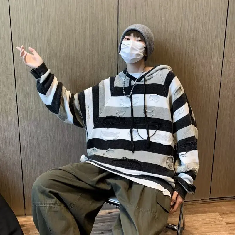 Striped Sweaters Men Worn-out Hole Contrast Color Hooded Fashion Teenagers Youthful Vitality Korean Style Daily All-match Cozy