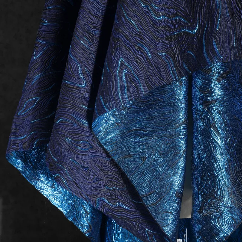 Deep Blue Sea Gold Silk Twill Jacquard Cotton Fabric Pleated Three-dimensional Texture Jacket Suit Designer Fabric