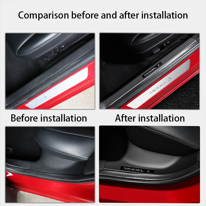 Rear Door Sill Guards For Tesla Model Y/3 Carbon Fibre ABS Inner Protector Plate Cover Trim Car Anti-Dirty Bumper Kick Pad