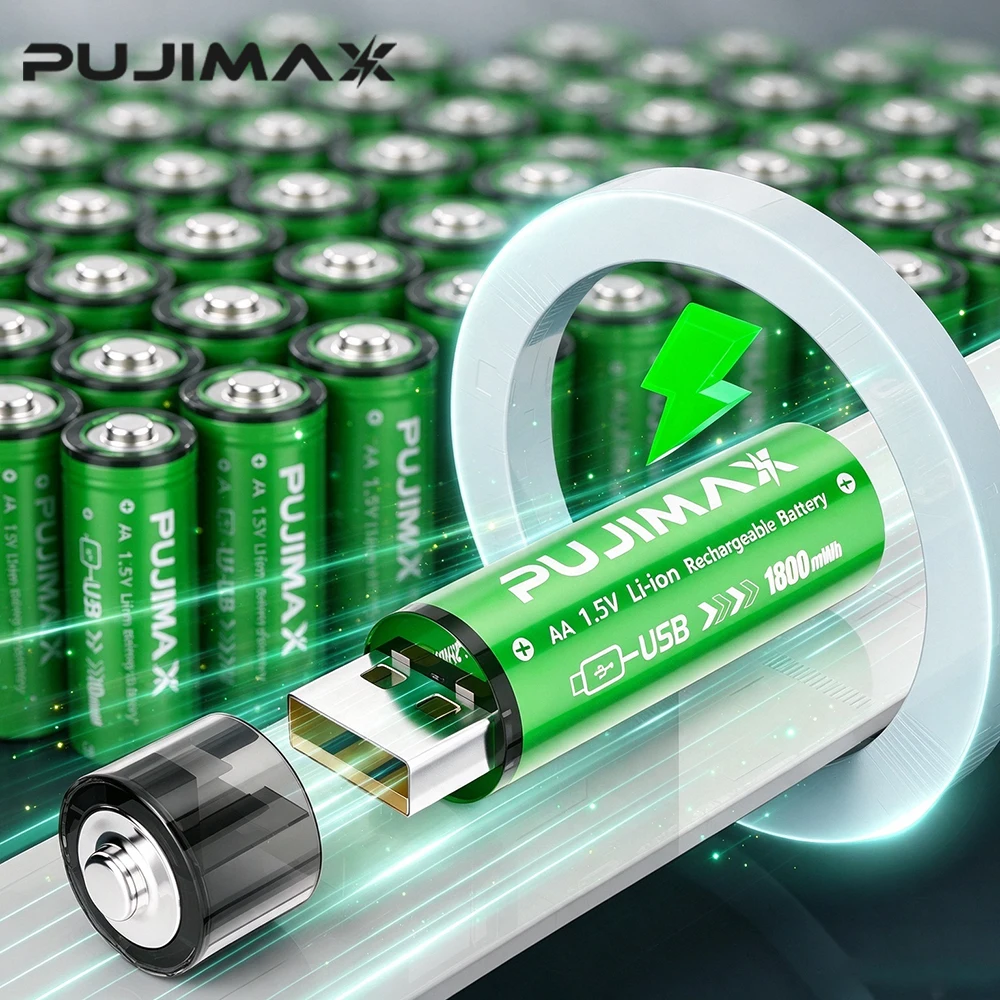 PUJIMAX 1800mWh 1.5V AA Li-ion Battery 2A USB Port Charging Lithium Rechargeable Batteries for Remote Control Mouse Electric Toy