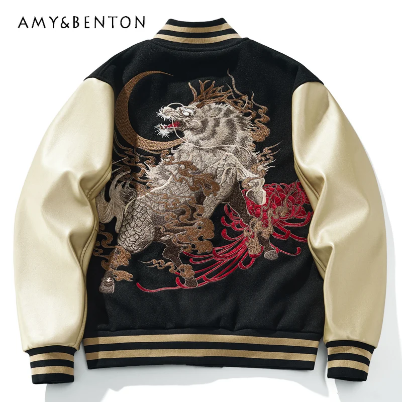 

Spring And Autumn New Top Machine Embroidery Baseball Uniform Jacket Men's Coat Color Matching Leather Sleeve Chaquetas De Mujer