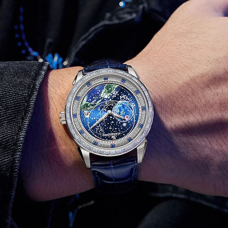 HANBORO Men Automatic Watch 41.5mm Mechanical Wristwatch 50M Waterproof Luminous Crystal Bezel Starlit Sky Second Dial 24 Hours