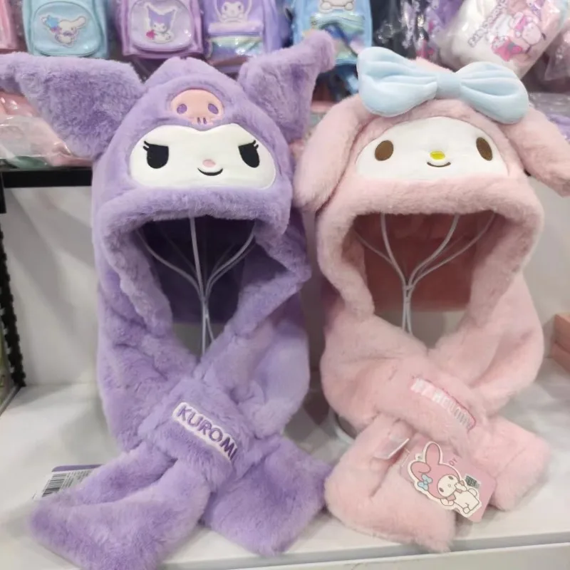 

New Kawaii Sanrio Cinnamoroll Kuromi My Melody Hat Scarf Gloves Cute Anime Cartoon Winter Warm Safety Hat Toy Children's Gift