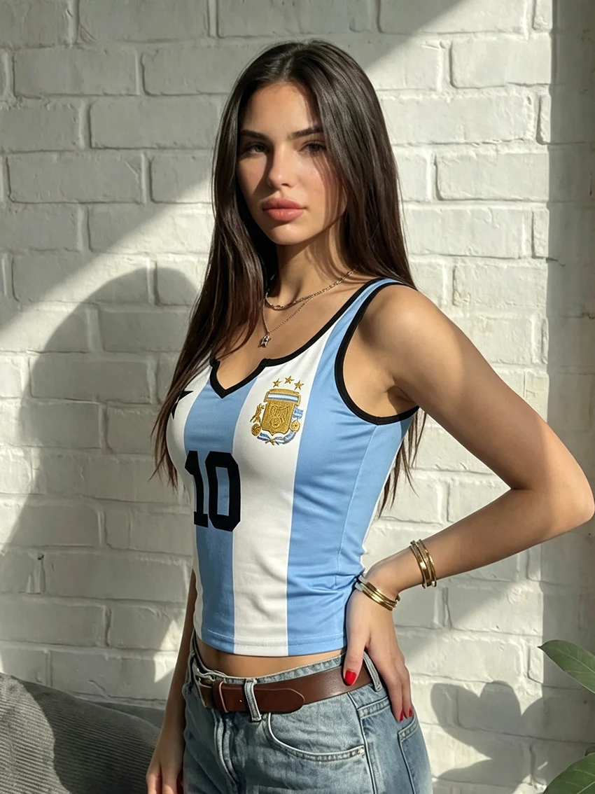 Y2K Streetwear Women Argentina Striped Crop Vest No.10 Embroidery Sleeveless V Neck Slim Tank Top Summer Casual Party Jersey Top