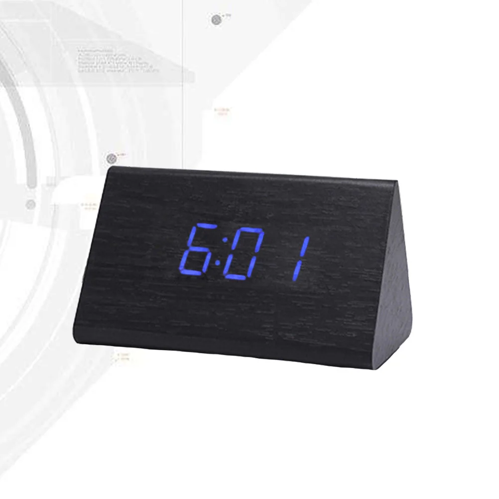 

Modern Triangle LED Wooden Alarm Clock Black Wood Blue Light Sound Control Desk Thermometer Temperature Display Indoor