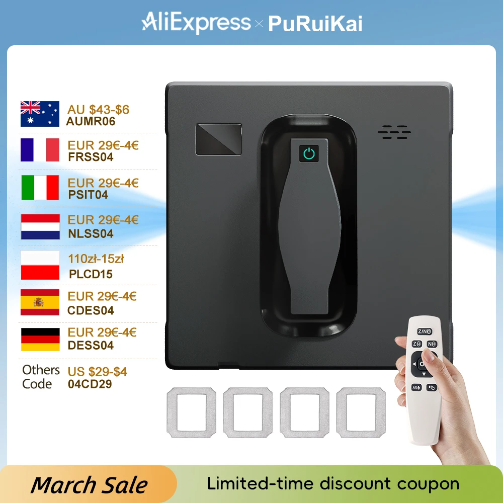 Robot nettoyeur de vitres PuRuiKai, double pulvérisation d'eau, avec contrôle par application, aspiration à vide élevée, capteur laser, robot de nettoyage de vitres murales à domicile