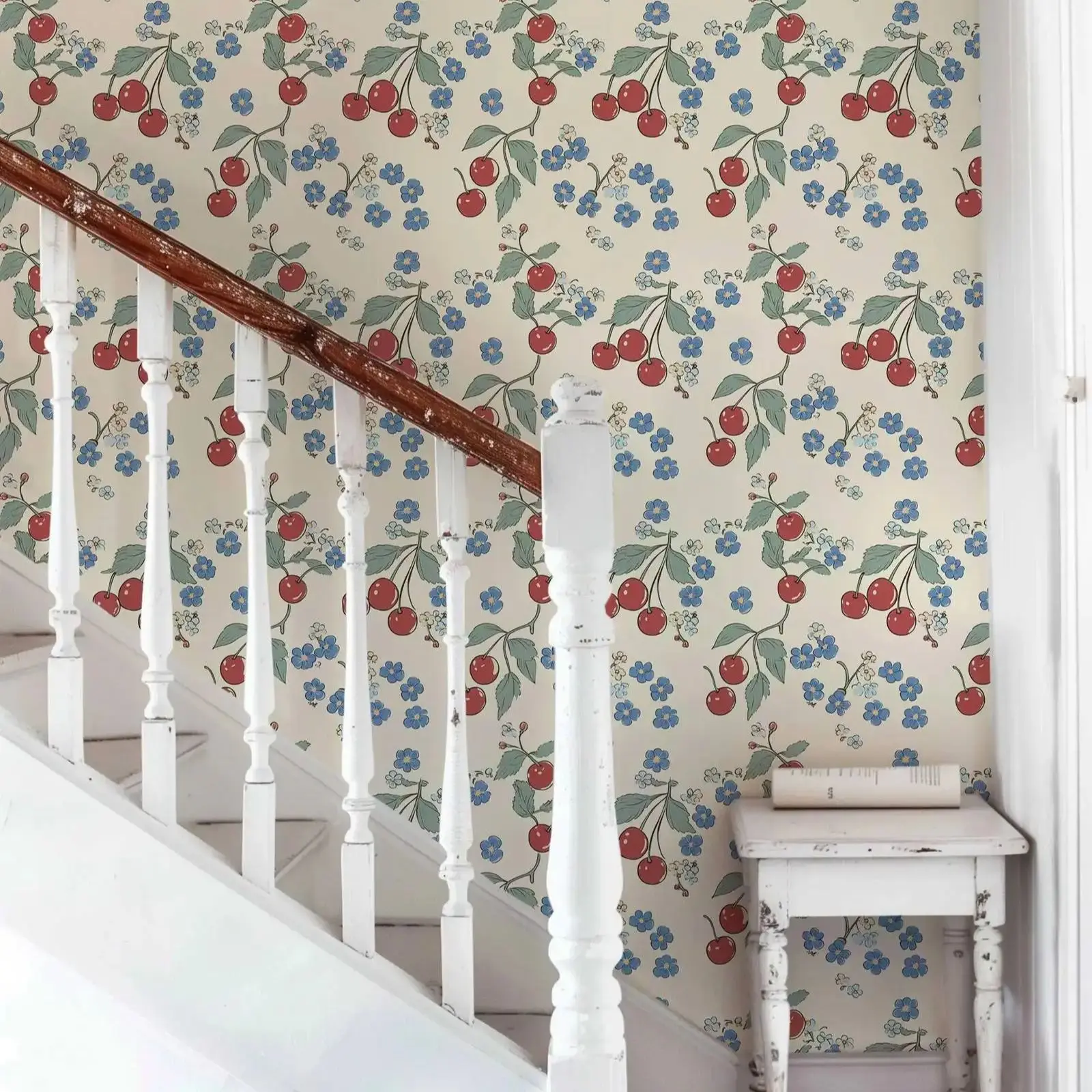 Botanical Colorful Wallpaper,Retro CherryTradition Non-woven Wall Mural,Or Peel and Stick Wallpaper For Living Room Decoration