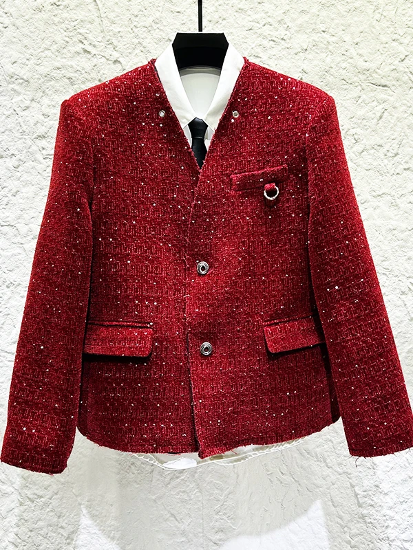 

Red Sequin Lapel Velvet Men's Casual Suit Jacket Fashionable Korean Style Spring Season Long Sleeve Single Button