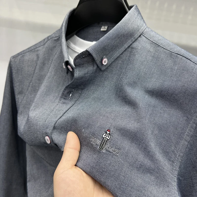 High-end Quality 100pure Cotton Men's Shirt Cartoon Embroidered Long-sleeve Base Shirt Korean Fashion Business Autumn Men's Wear
