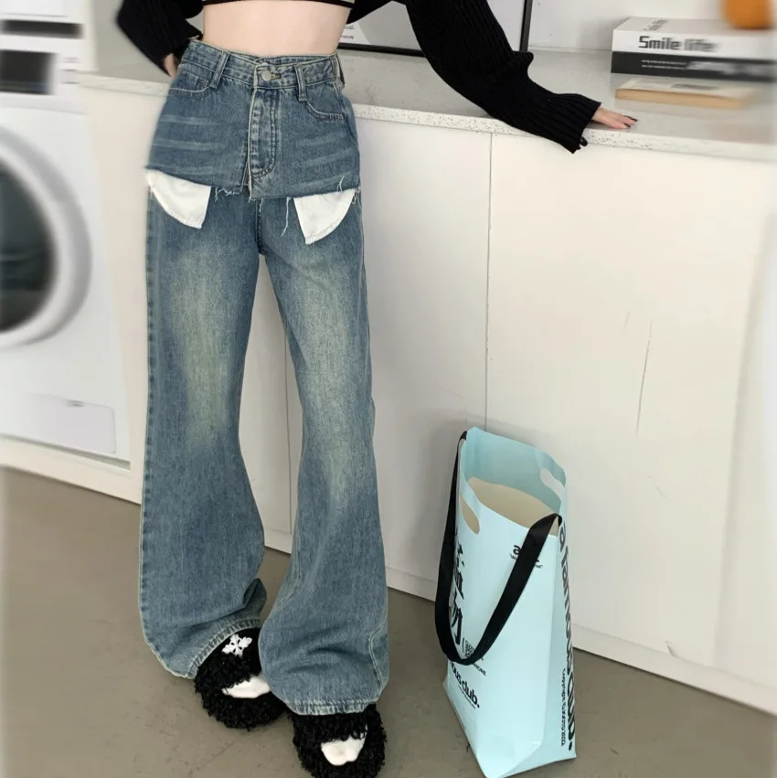 Fake Two Pieces Streetwear Design Mop The Floor Straight Jeans Women 2024 New Spring Fashion Loose Wide Leg Denim Pants s519