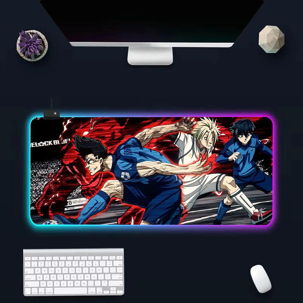 Hot anime blue football RGB Pc Gamer Keyboard Mouse Pad Mousepad LED Glowing Mouse Mats Rubber Gaming Computer Mausepad