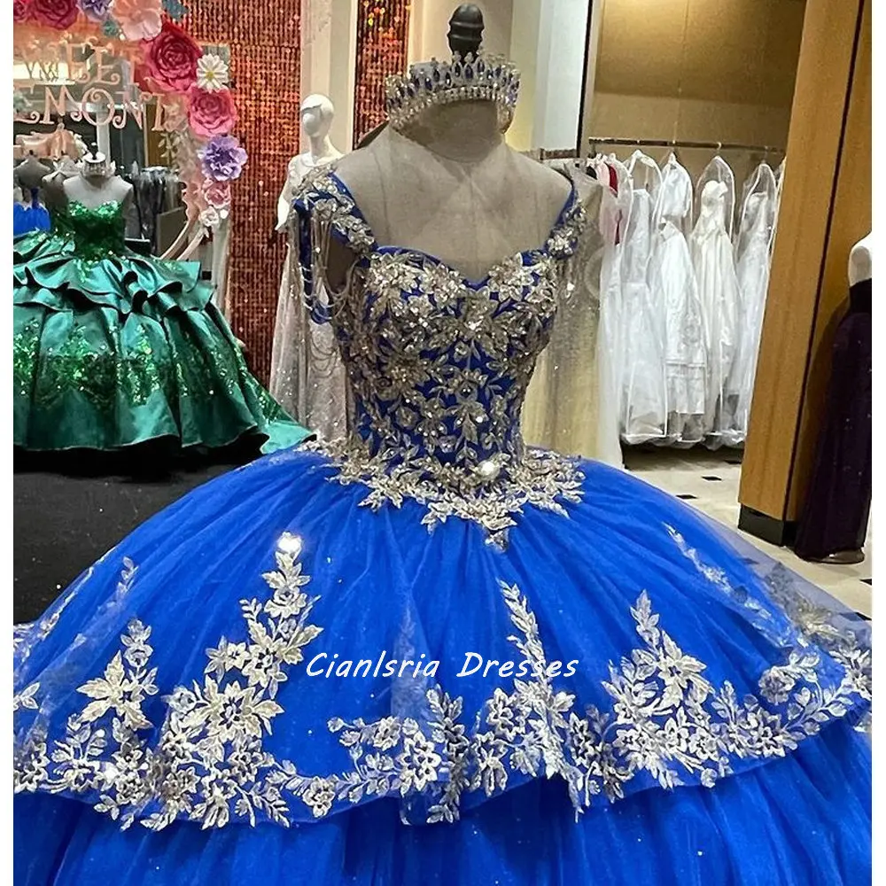 Robe de soirée en dentelle, 15 pièces, bleu Royal, épaules dénudées, avec des perles, avec des Appliques à plusieurs niveaux, Corset, pour filles