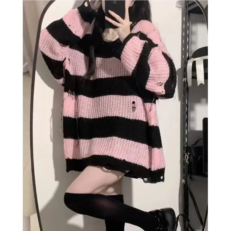 Black Knitted Sweater Women's Medium-Length Loose Fit Striped Casual Style Shirt2024 New Arrival Explosion Model Outerwear