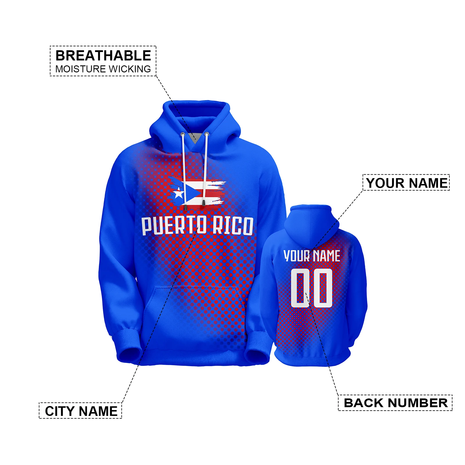 Custom Puerto Rico Soccer Hoodie Flag Print Football Sweatshirt Personalized Name Number Pullover Fans Gift Men Women Youth