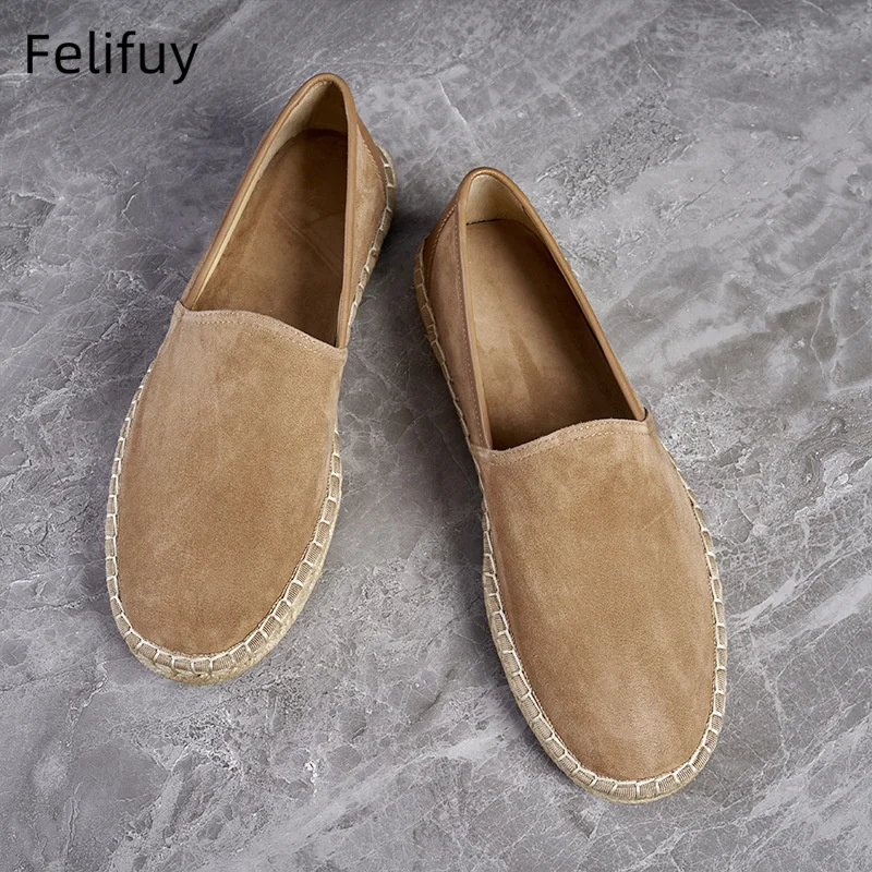 Fashion linen Grass Woven Summer Flats Cow Suede Loafer Shoes Slip On Men Lazy Shoes Fishman Shoes Men's Flats Casual Shoes