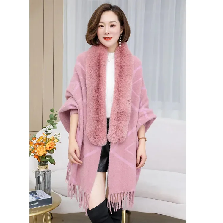 

Winter Imitation Sable Knitted Shawl Imitation Rex Rabbit Cape Fur Collar Tassel Poncho Fashionable Upscale Capes White Cloaks