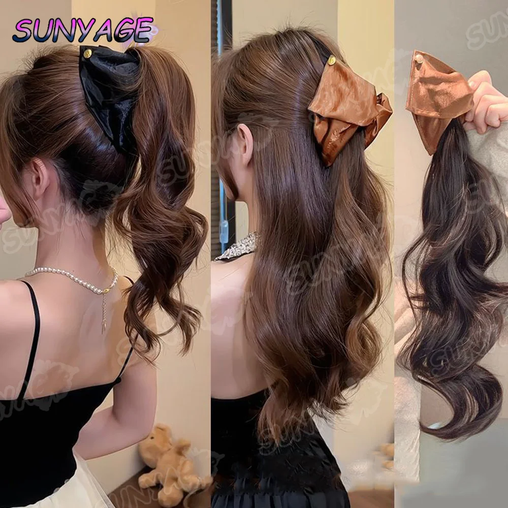 

Long curly hair Ponytail wig Triangular grip clip Feminine autumn and winter temperament Semi tied Fluffy Synthetic ponytail