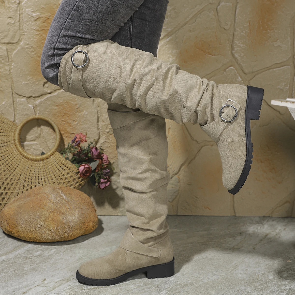 Women Stylish Mid-Calf Slouchy Boots Soft Comfortable Round Toe Design Easy Pull-On Closure Outdoor Casual Shoes Shoes for Women