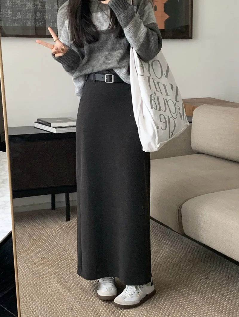 High Quality Woolen Maxi Skirts Female Elegant Chic High Waist Loose A-Line Skirts Women Vintage Streetwear Split Long Skirt