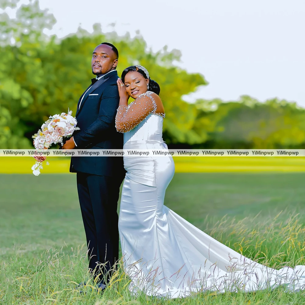 Luxe Witte Kralen Parels Zeemeermin O-hals Trouwjurken Voor Zwarte Meisjes 2025, Lange Mouwen Afrikaanse Satijnen Bruidsjurken Aangepast