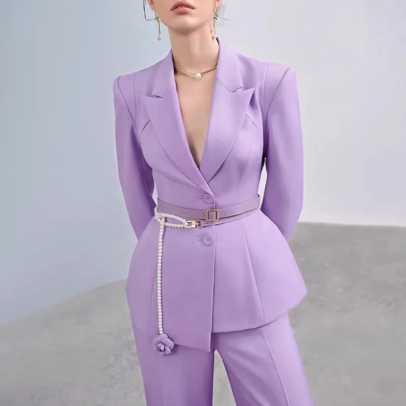 패션 여성 우아한 투피스 세트 노치드 싱글 브레스티드 긴팔 진주 벨트 코트 팬츠 세트 오피스룩 여성 의류 특가 판매