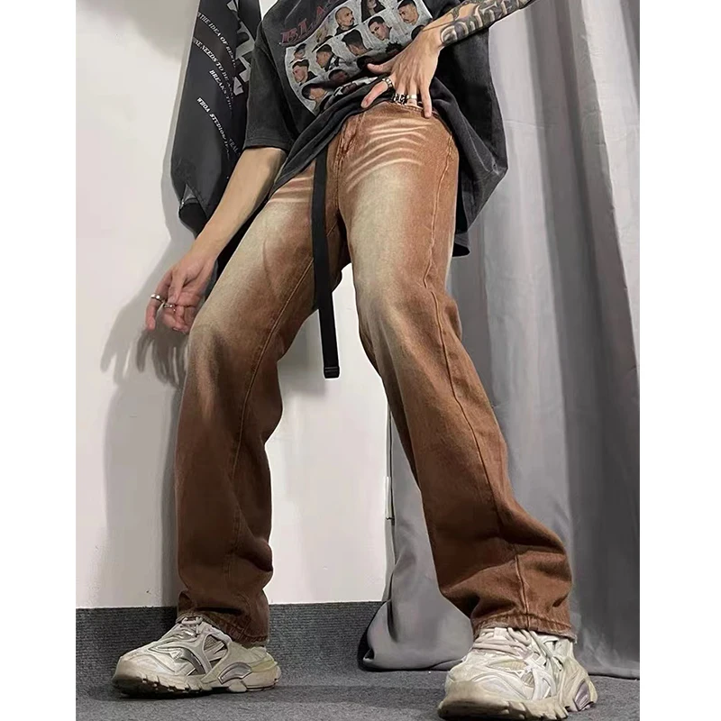 2022 Street Wear White Old Wash Water Pattern Pants Brown Loose Retro Straight Four Season Locomotive Handsome Men's Jeans