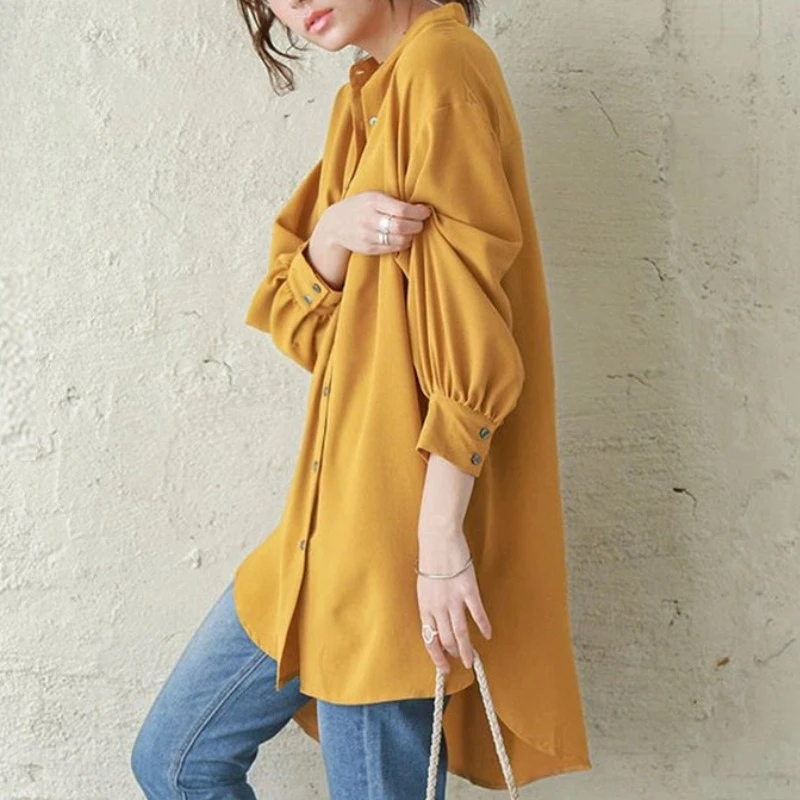 REALEFT-Vestidos camiseros cortos holgados para mujer, minivestido informal de manga larga abombada con cuello levantado y una botonadura, otoño 2025