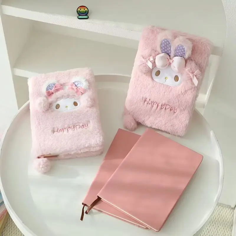 Sanrio My Melody Plush Cover Notebook Matching Fur Ball Bookmark Pendant Journal Record Tool Desk Desktop Ornament Birthday Gift