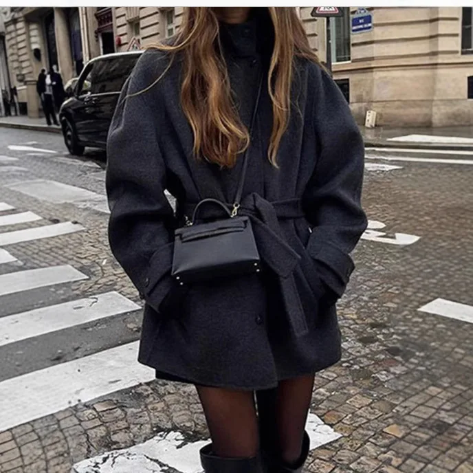 Autumn and Winter New Women's Belt Semi-high Neck Solid Color Woolen Coat Jacket